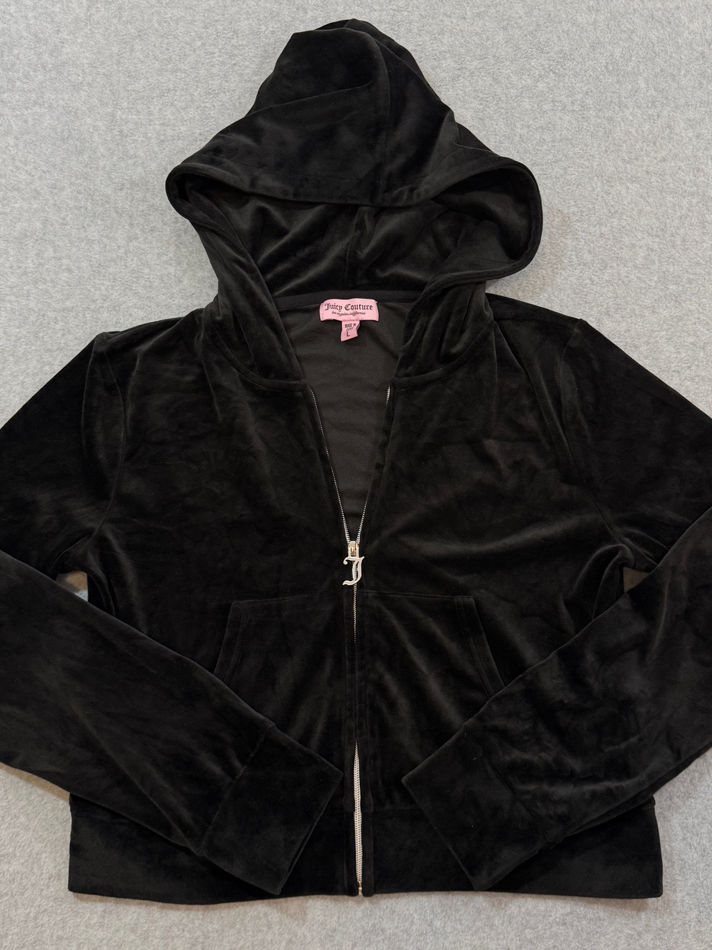 Juicy Couture Black Velour Rhinestone Zip Up Hoodie Size L
